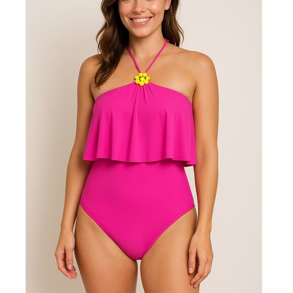 Trina Turk Orchid Pink Ruffle Halter One-Piece Swimsuit Women’s Size 8 - Picture 1 of 9